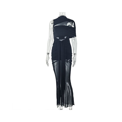 European and American style export design solid color women s elastic asymmetrical trendy bodycon skirt with lace up round neck hollowed out long dress