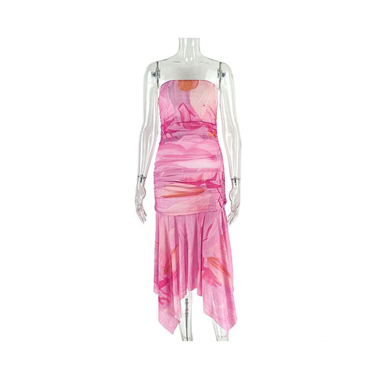 European and American style cross border sweet street style women s clothing slightly sheer mesh patchwork bodycon dress off shoulder strapless slimming dress