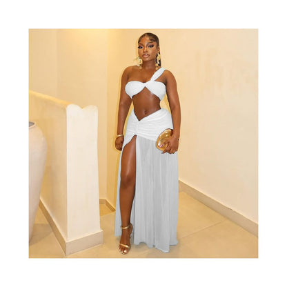 European and American style export solid color vacation cropped skirt set with slit hip hugging wrap around one shoulder two piece women s clothing trend image 0