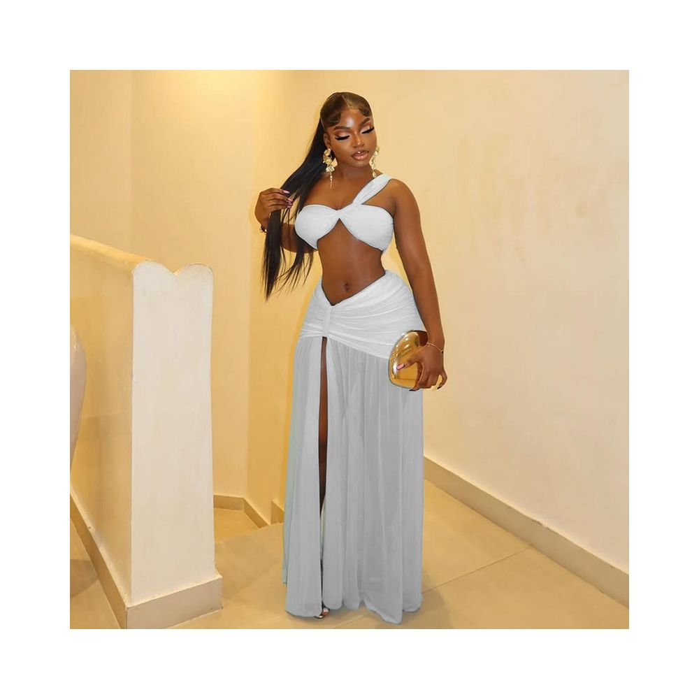 European and American style export solid color vacation cropped skirt set with slit hip hugging wrap around one shoulder two piece women s clothing trend image 1