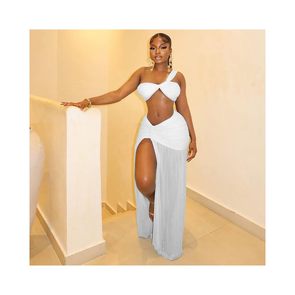 European and American style export solid color vacation cropped skirt set with slit hip hugging wrap around one shoulder two piece women s clothing trend image 3