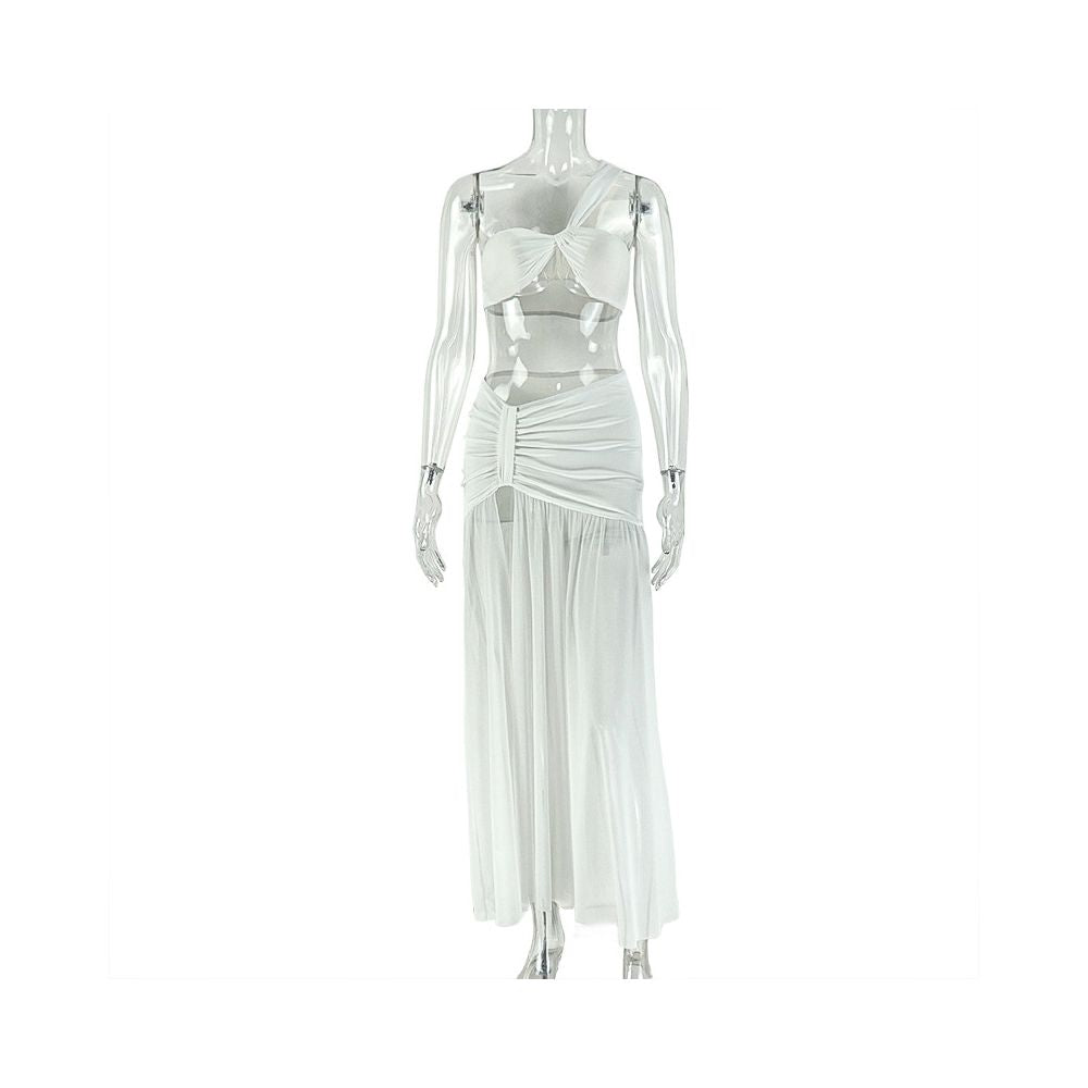 European and American style export solid color vacation cropped skirt set with slit hip hugging wrap around one shoulder two piece women s clothing trend