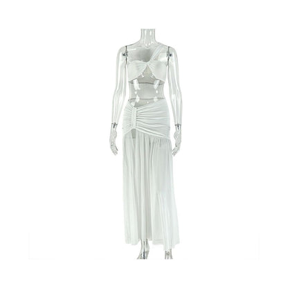 European and American style export solid color vacation cropped skirt set with slit hip hugging wrap around one shoulder two piece women s clothing trend