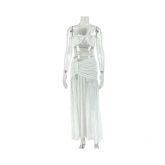 European and American style export solid color vacation cropped skirt set with slit hip hugging wrap around one shoulder two piece women s clothing trend