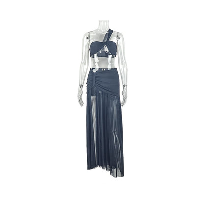 European and American style export solid color vacation cropped skirt set with slit hip hugging wrap around one shoulder two piece women s clothing trend