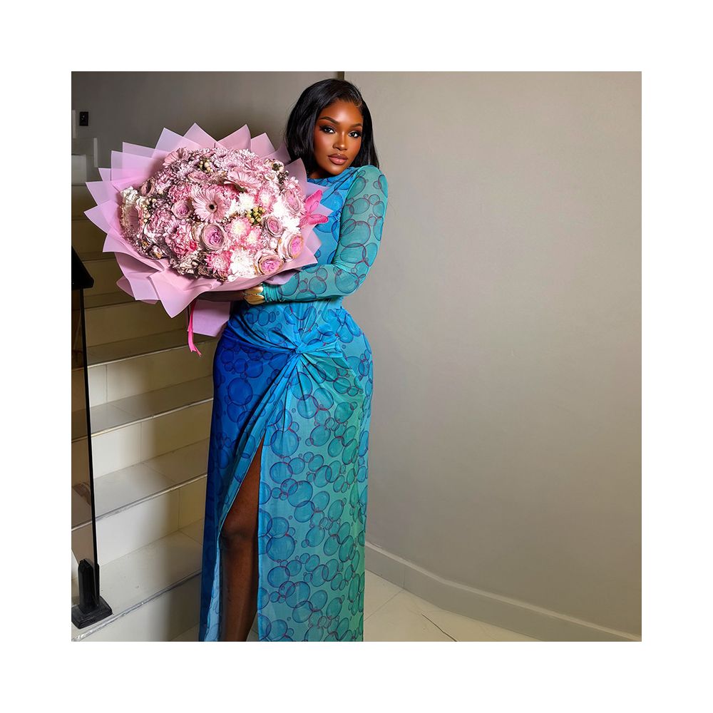 European and American style cross border women s clothing waist cinching elegant bodycon dress round neck printed long sleeves slit dress trendy image 2