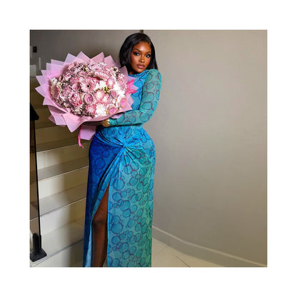 European and American style cross border women s clothing waist cinching elegant bodycon dress round neck printed long sleeves slit dress trendy image 2