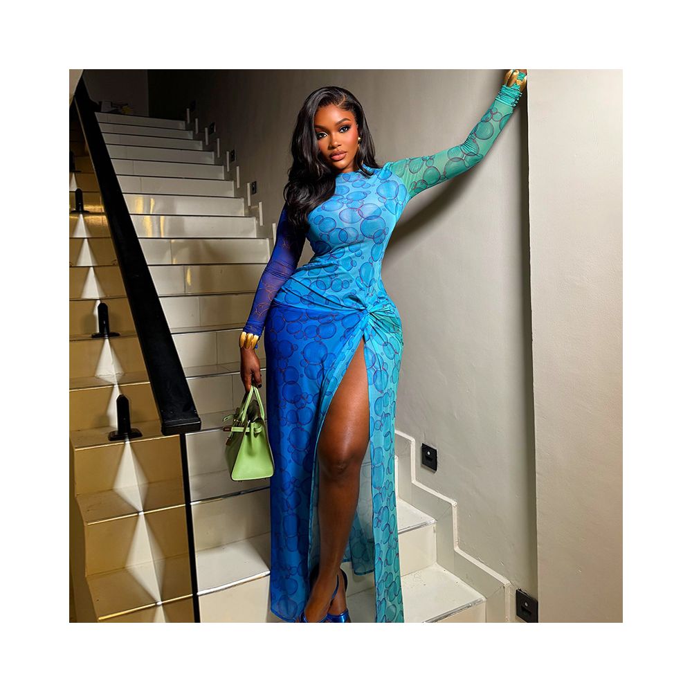 European and American style cross border women s clothing waist cinching elegant bodycon dress round neck printed long sleeves slit dress trendy image 3