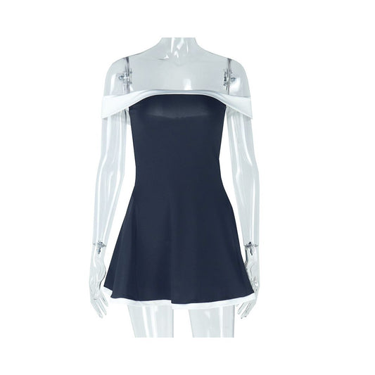 European and American style cross border women s clothing black and white color blocking fresh backless high waisted dress off the shoulder raglan sleeve short dress wholesale