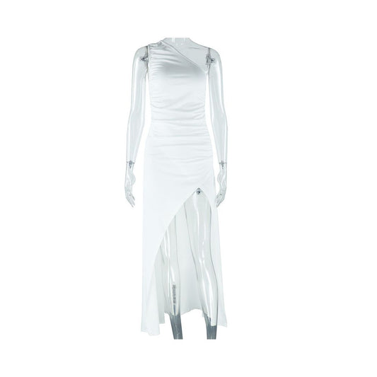 European and American style ins style foreign trade women s fashion solid color dress asymmetrical neckline off shoulder sleeveless slit long dress