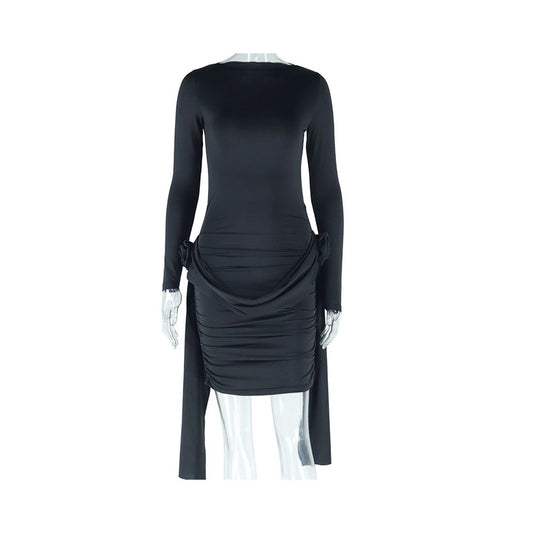 European and American style ins style foreign trade women s solid color dress round neck long sleeves tie up floral decoration bodycon skirt trendy dress