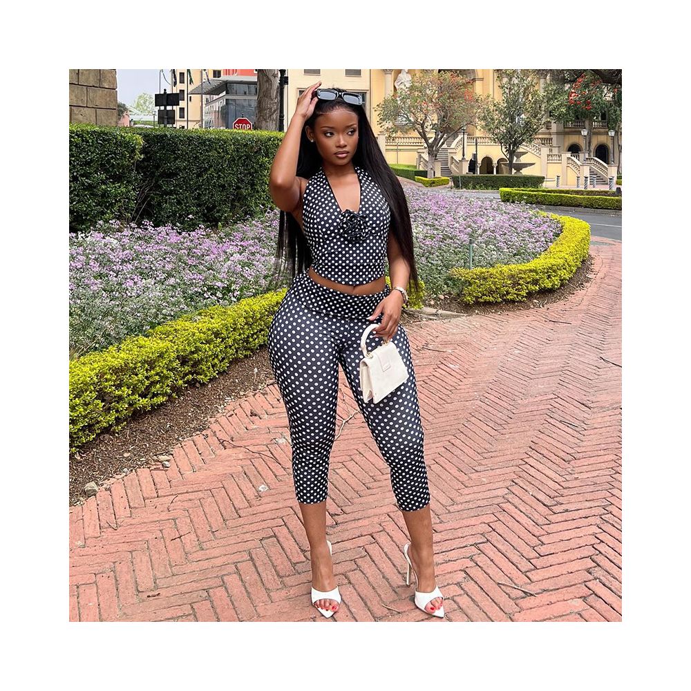 European and American style export sports street style women s polka dot printed pants set halter top skinny leggings two piece set image 1
