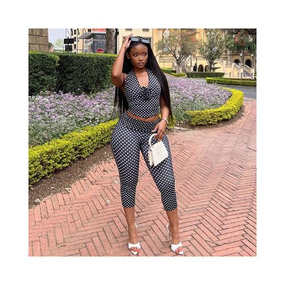 European and American style export sports street style women s polka dot printed pants set halter top skinny leggings two piece set image 1