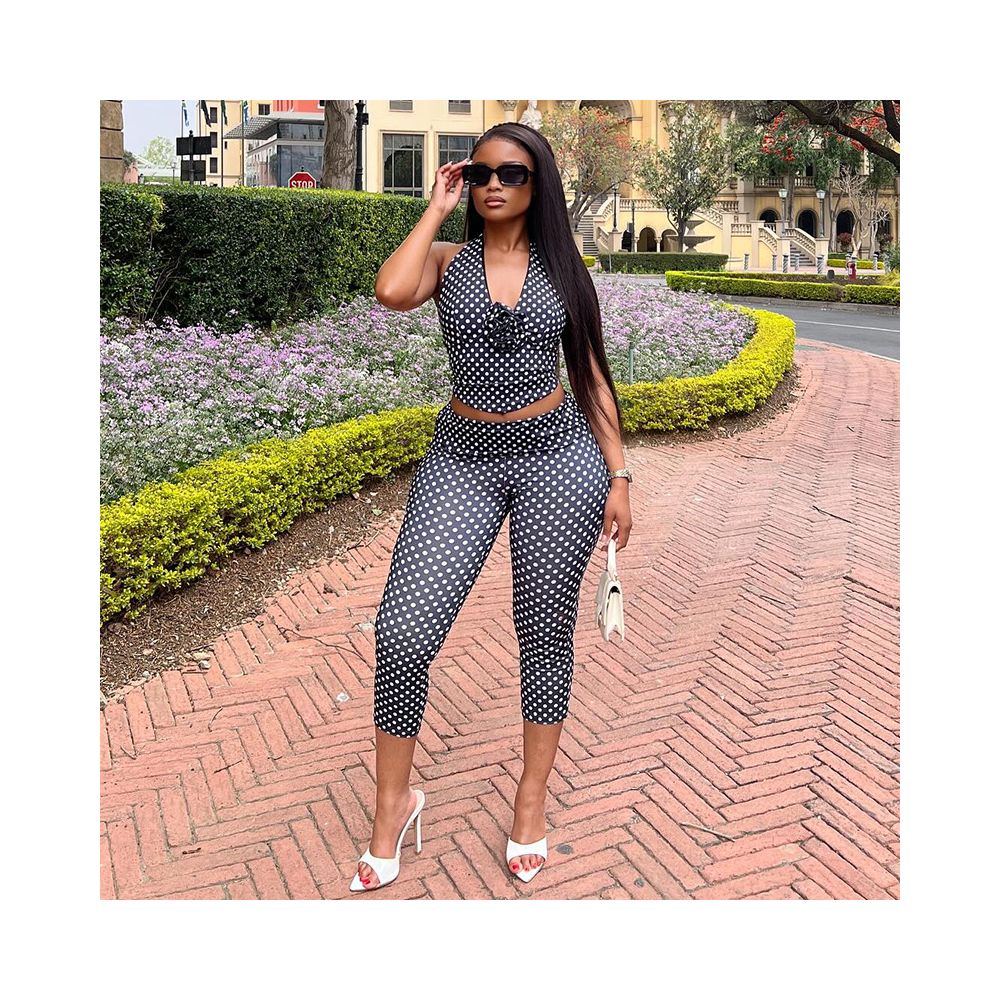 European and American style export sports street style women s polka dot printed pants set halter top skinny leggings two piece set image 2