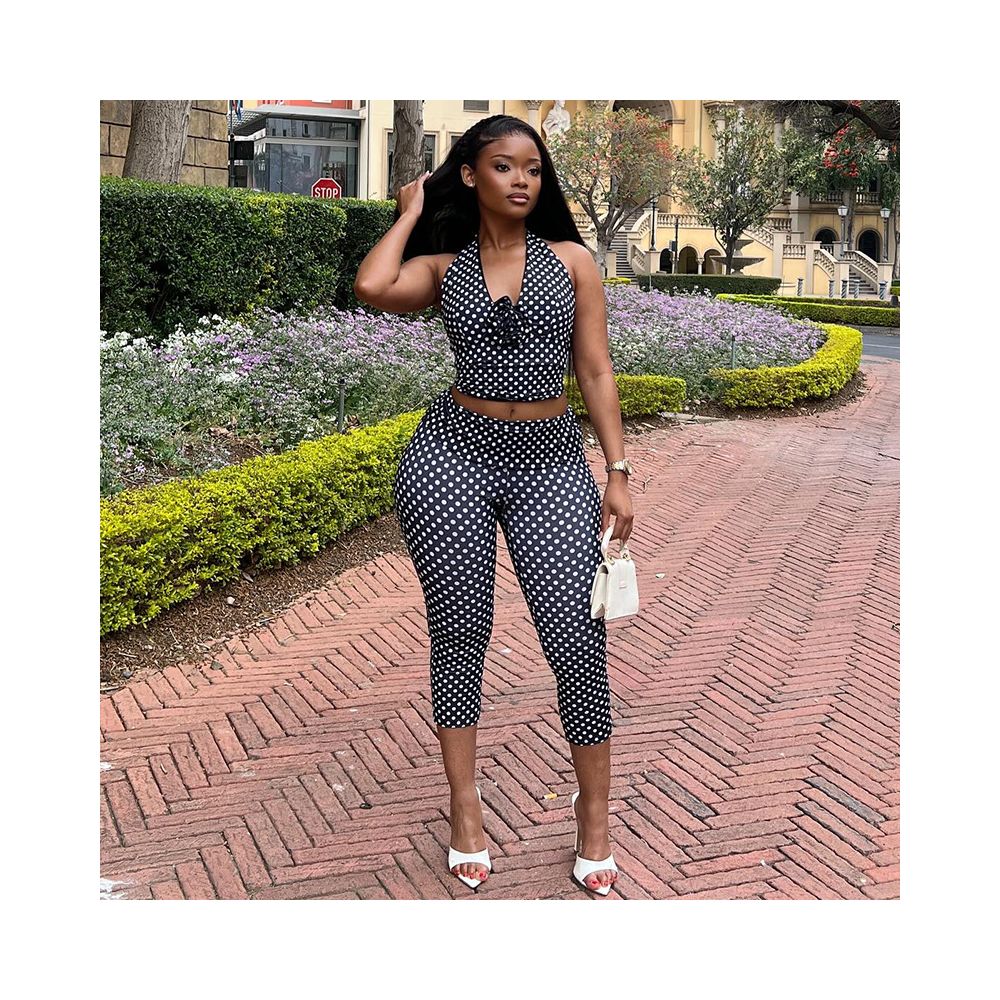 European and American style export sports street style women s polka dot printed pants set halter top skinny leggings two piece set image 3