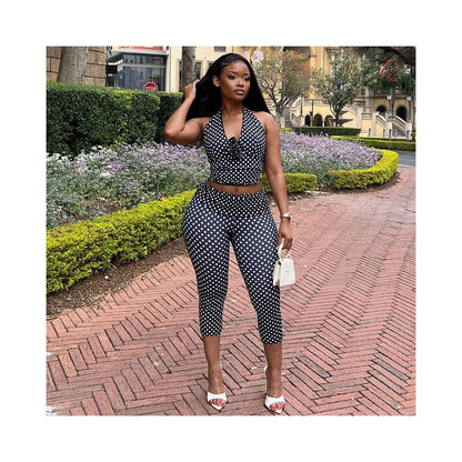 European and American style export sports street style women s polka dot printed pants set halter top skinny leggings two piece set image 3