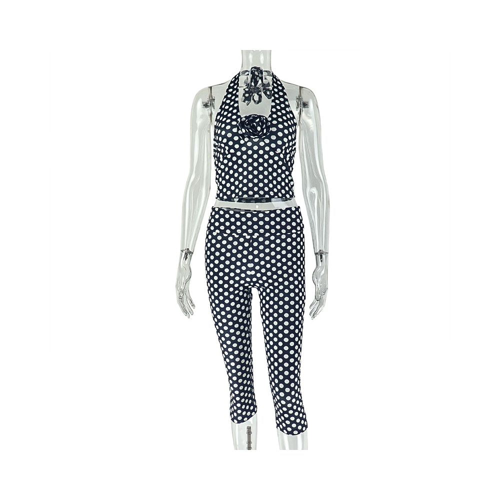 European and American style export sports street style women s polka dot printed pants set halter top skinny leggings two piece set