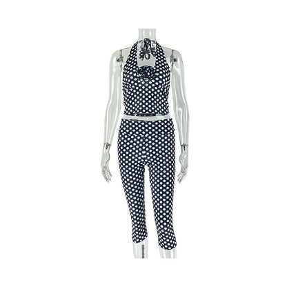 European and American style export sports street style women s polka dot printed pants set halter top skinny leggings two piece set