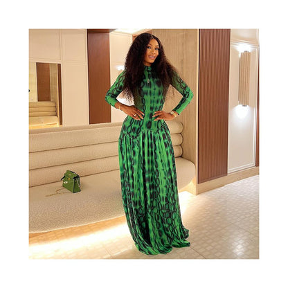 European and American style ins inspired cross border retro women s clothing pleated A line skirt high neck long sleeved printed waist cinching dress image 0