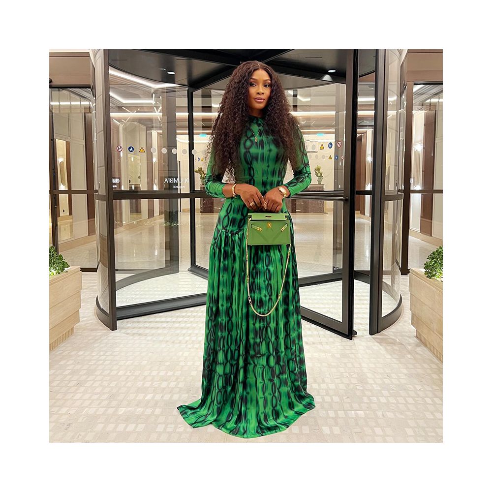 European and American style ins inspired cross border retro women s clothing pleated A line skirt high neck long sleeved printed waist cinching dress image 1