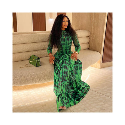 European and American style ins inspired cross border retro women s clothing pleated A line skirt high neck long sleeved printed waist cinching dress image 2