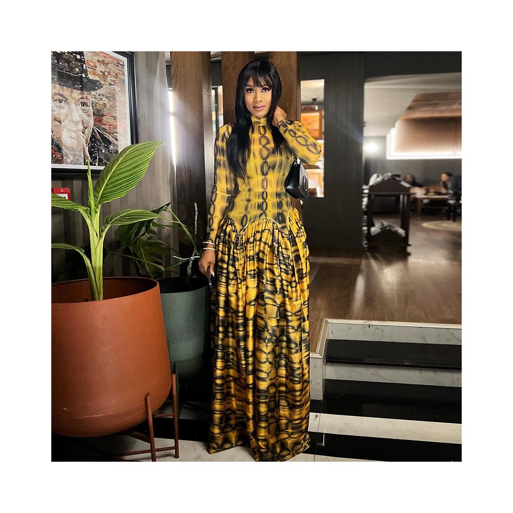 European and American style ins inspired cross border retro women s clothing pleated A line skirt high neck long sleeved printed waist cinching dress image 3