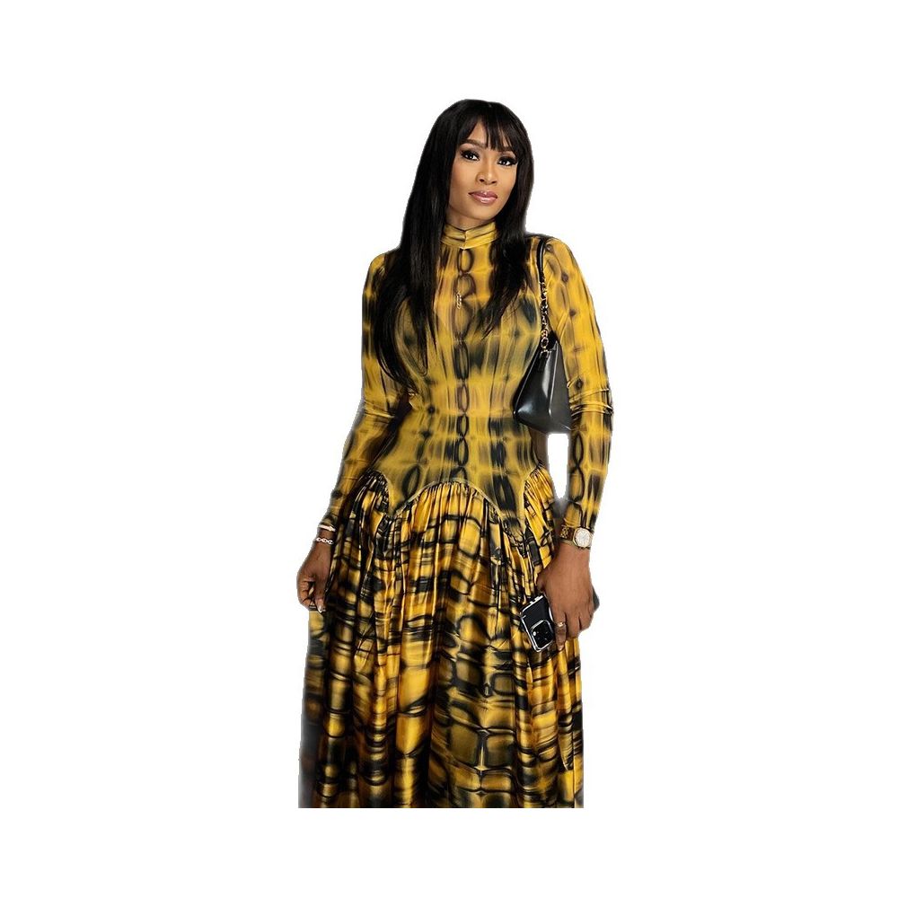 European and American style ins inspired cross border retro women s clothing pleated A line skirt high neck long sleeved printed waist cinching dress image 4