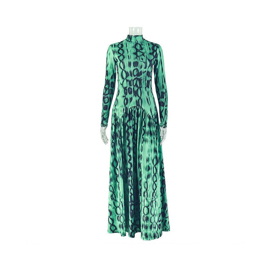 European and American style ins inspired cross border retro women s clothing pleated A line skirt high neck long sleeved printed waist cinching dress
