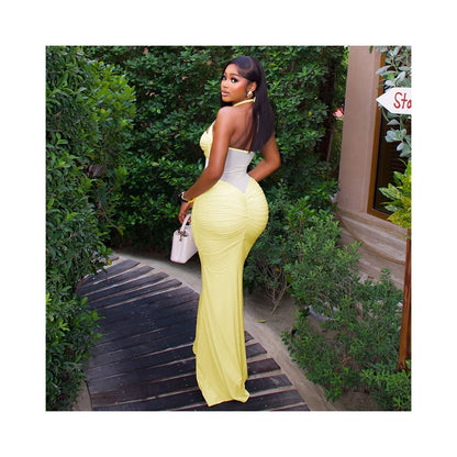 European and American style export women s clothing slightly sheer backless solid color bodycon dress with halter neck pleated bustier slim fit long dress image 1