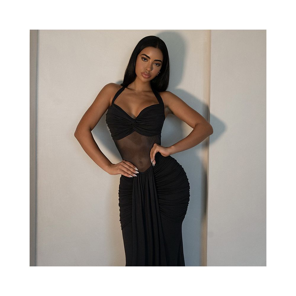 European and American style export women s clothing slightly sheer backless solid color bodycon dress with halter neck pleated bustier slim fit long dress image 2