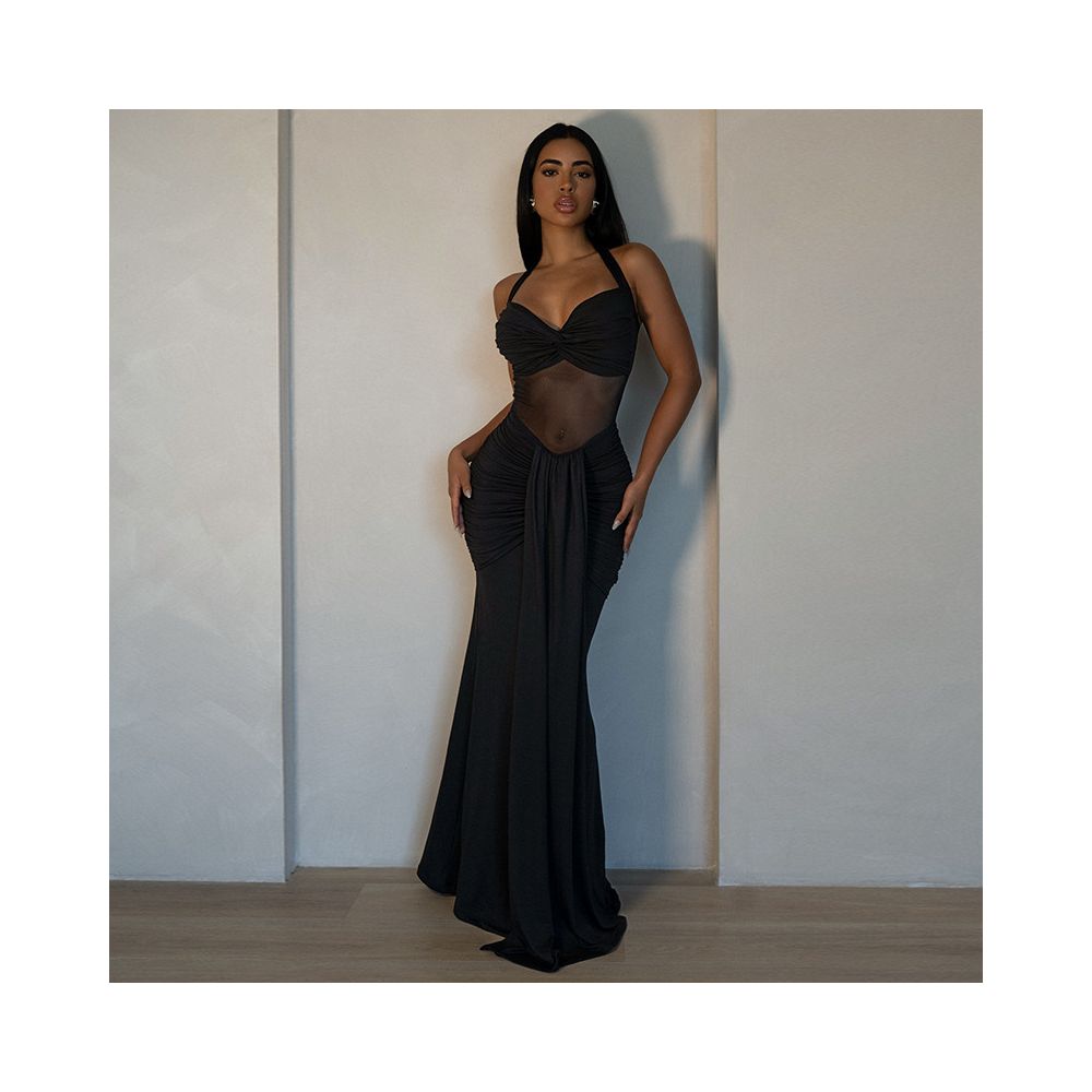 European and American style export women s clothing slightly sheer backless solid color bodycon dress with halter neck pleated bustier slim fit long dress image 3
