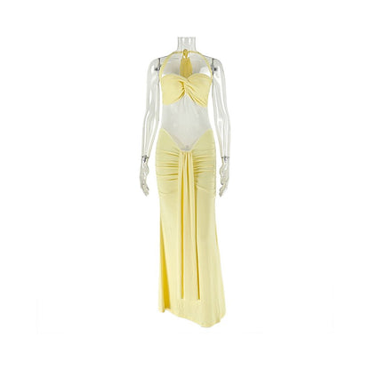 European and American style export women s clothing slightly sheer backless solid color bodycon dress with halter neck pleated bustier slim fit long dress