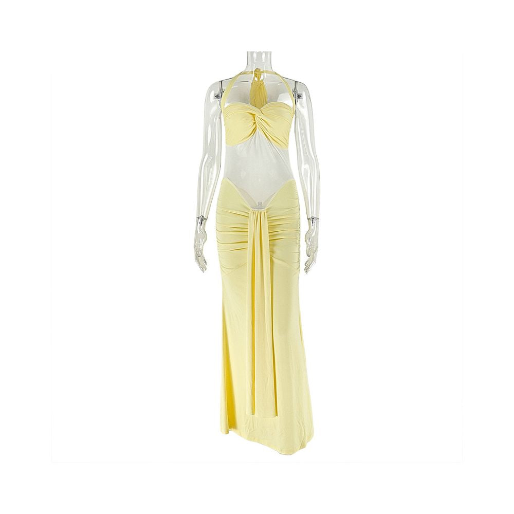 European and American style export women s clothing slightly sheer backless solid color bodycon dress with halter neck pleated bustier slim fit long dress