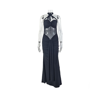 European and American style export women s clothing slightly sheer backless solid color bodycon dress with halter neck pleated bustier slim fit long dress