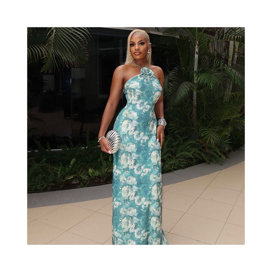 European and American style cross border fresh women s clothing elegant backless halter neck bodycon dress blue and white abstract print long dress image 0