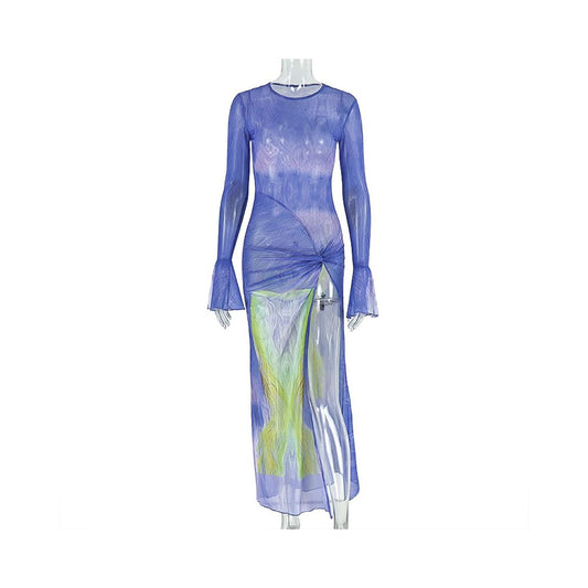 European and American style cross border fashion women s clothing printed mesh split hip hugging skirt pleated comfortable round neck bell sleeve dress