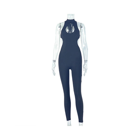 European and American style cross border casual sportswear women s commuter hollow out tight solid color jumpsuit backless low waist long jumpsuit
