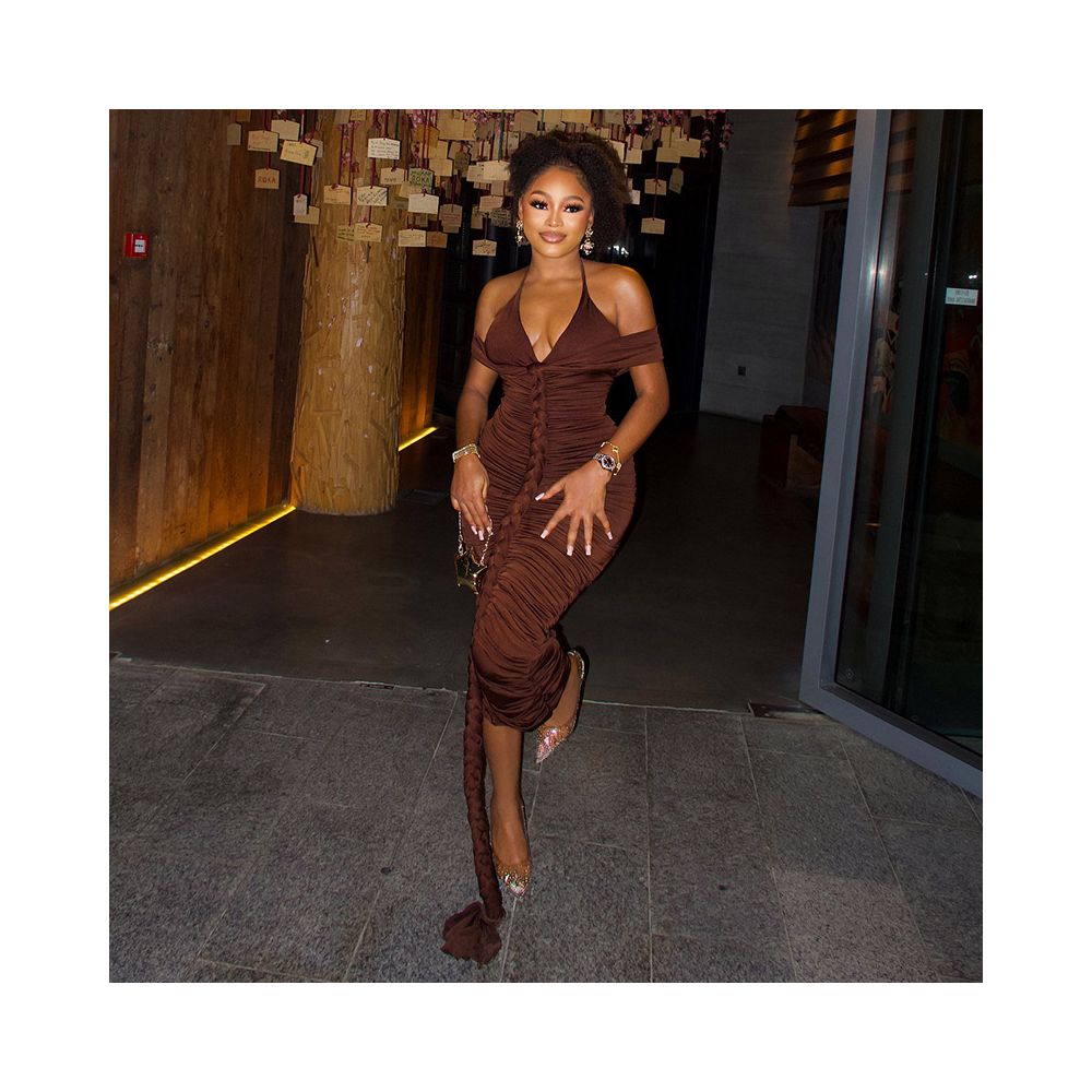 European and American style ins style foreign trade fashion women s clothing one piece solid color bodycon skirt halter neck V neck strapless long dress image 2