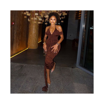 European and American style ins style foreign trade fashion women s clothing one piece solid color bodycon skirt halter neck V neck strapless long dress image 2