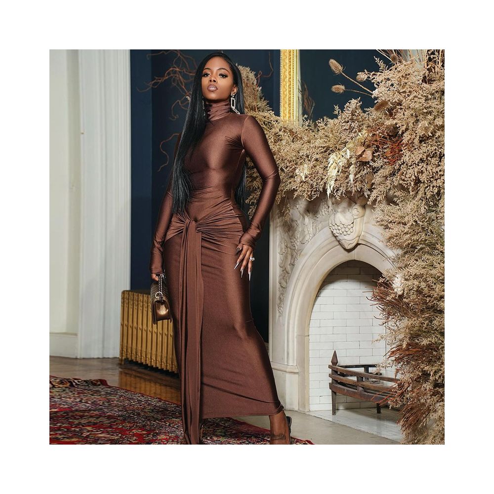 European and American style ins style foreign trade women s clothing solid color round neck long sleeve mid waist tie up elegant dress image 0
