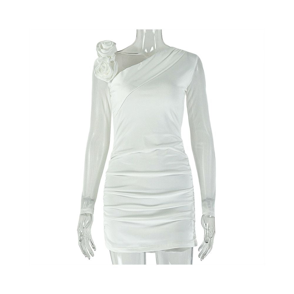 European and American style export solid color slim fit women s dress with floral design hip hugging skirt asymmetrical neckline slightly sheer long sleeves