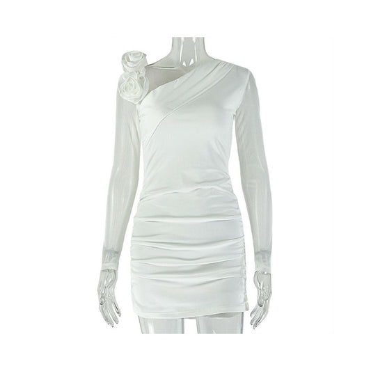 European and American style export solid color slim fit women s dress with floral design hip hugging skirt asymmetrical neckline slightly sheer long sleeves