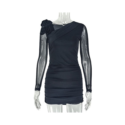 European and American style export solid color slim fit women s dress with floral design hip hugging skirt asymmetrical neckline slightly sheer long sleeves