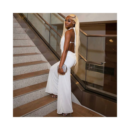 European and American style cross border casual loose women s clothing solid color halter neck backless pants set draped neck pleated comfortable two piece set trendy image 2