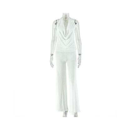 European and American style cross border casual loose women s clothing solid color halter neck backless pants set draped neck pleated comfortable two piece set trendy