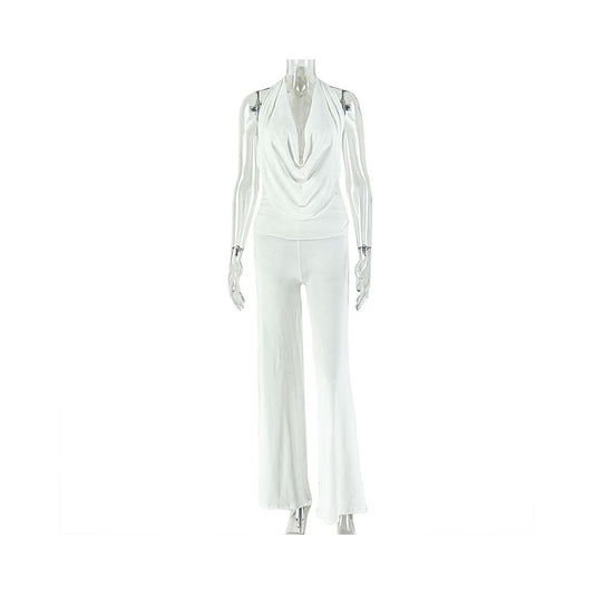 European and American style cross border casual loose women s clothing solid color halter neck backless pants set draped neck pleated comfortable two piece set trendy