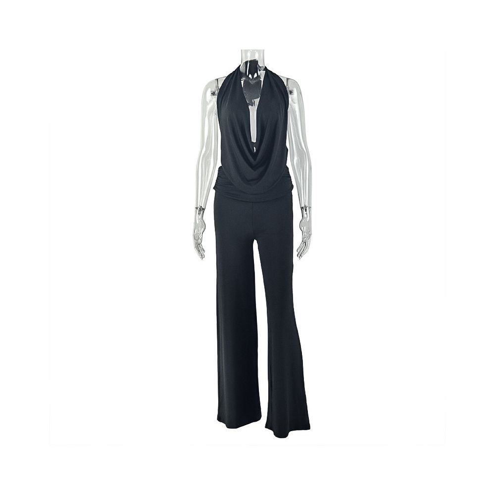 European and American style cross border casual loose women s clothing solid color halter neck backless pants set draped neck pleated comfortable two piece set trendy