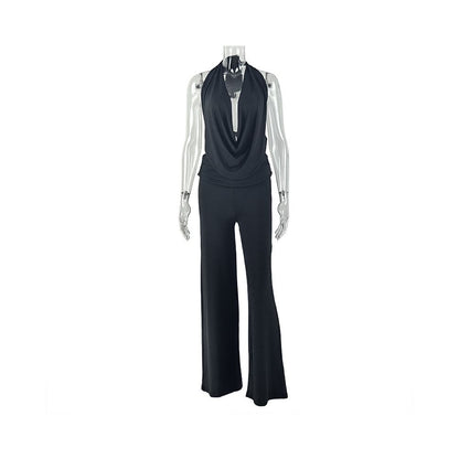 European and American style cross border casual loose women s clothing solid color halter neck backless pants set draped neck pleated comfortable two piece set trendy
