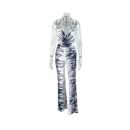 European and American style export fashion zebra print women s loose wide leg pants suit backless tie black and white color blocking two piece set