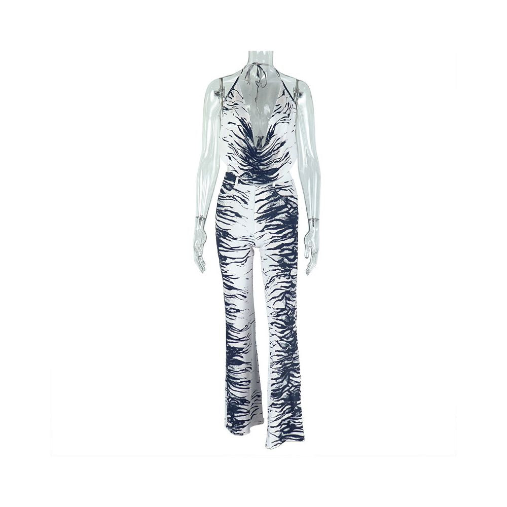 European and American style export fashion zebra print women s loose wide leg pants suit backless tie black and white color blocking two piece set